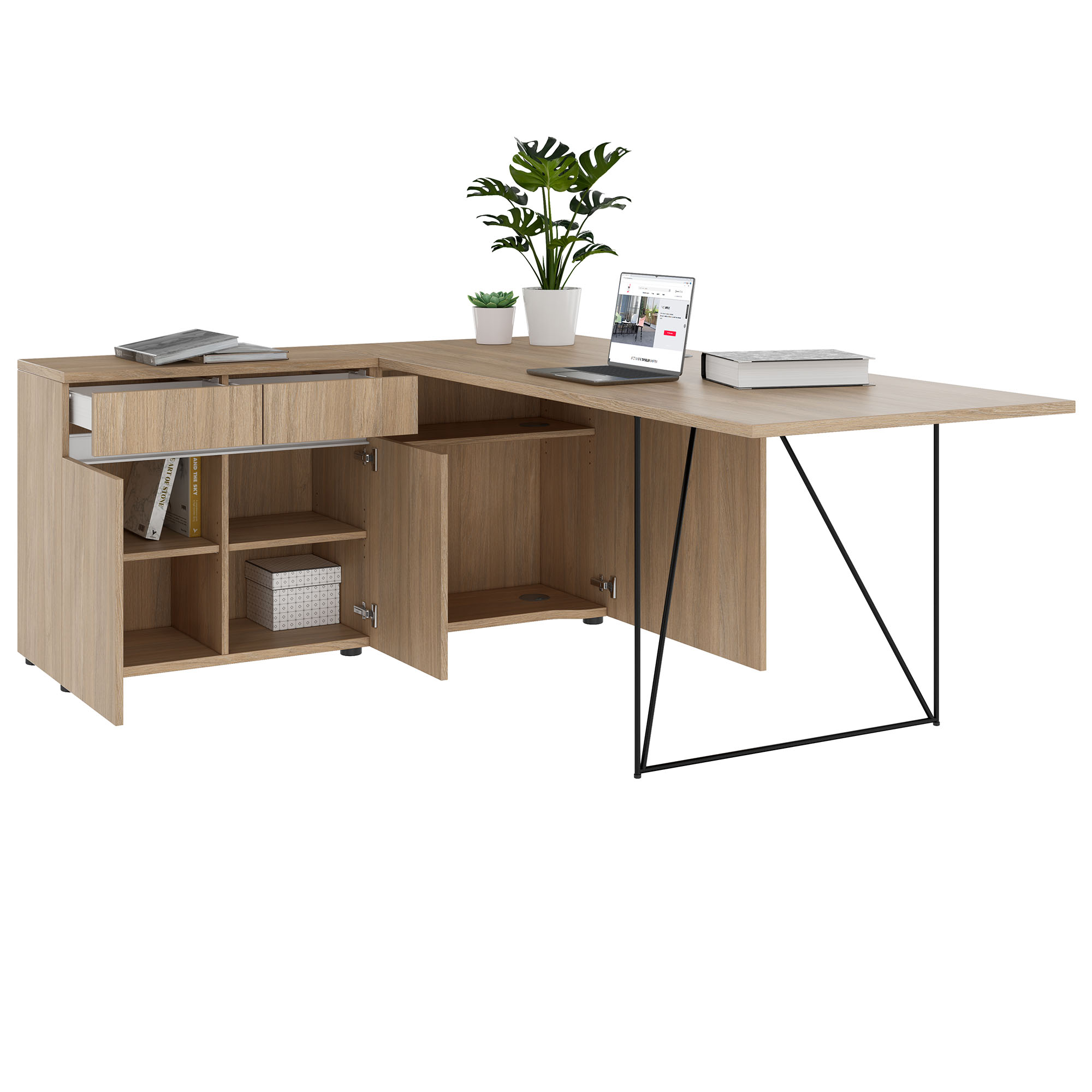 AIR desk | 1600 - 2000 mm, electrified, integrated sideboard, amber oak - 3 Main Image