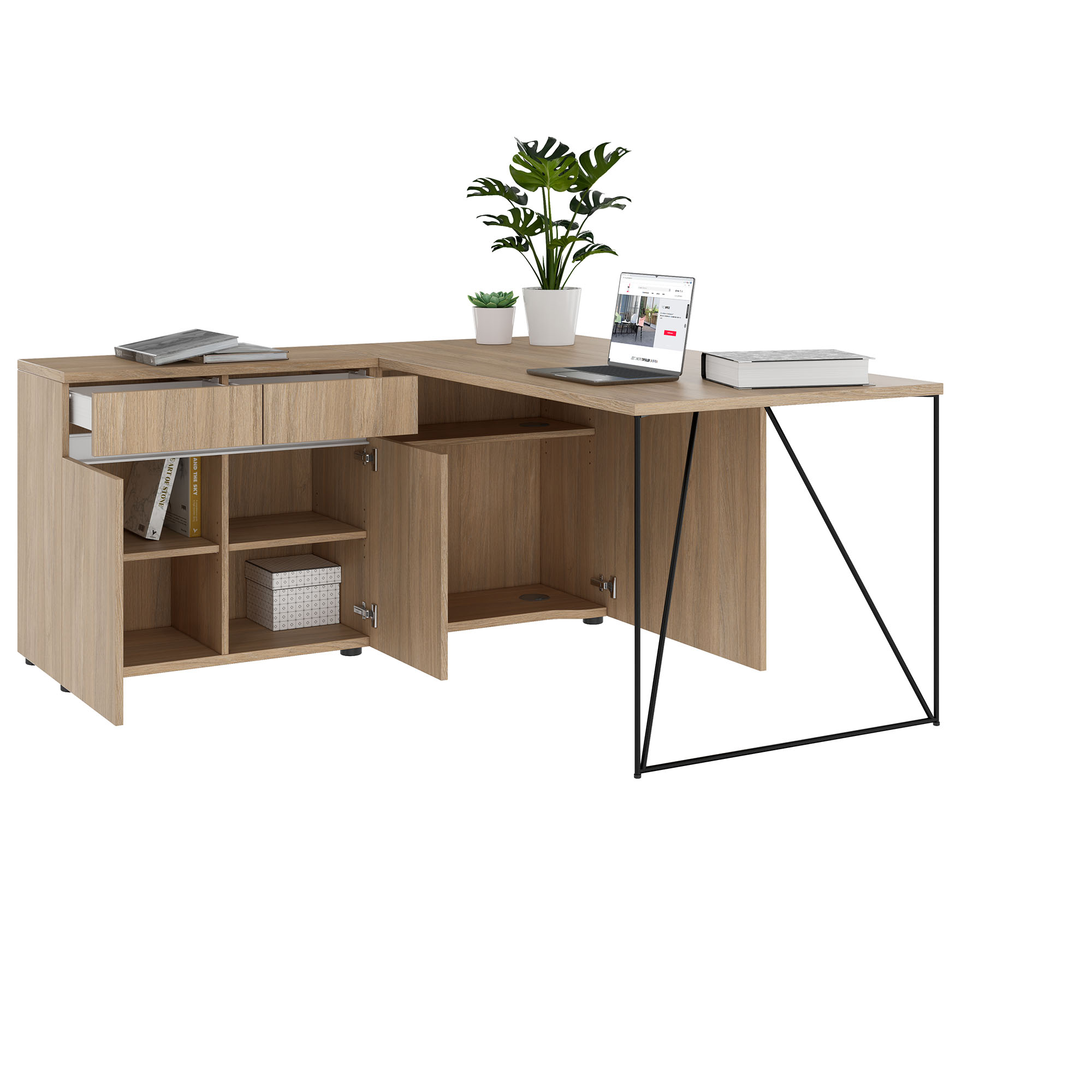 AIR Schreibtisch | 1600 - 2000 mm, elektrifiziert, integriertes Sideboard, Bernsteineiche - 3 Main Image