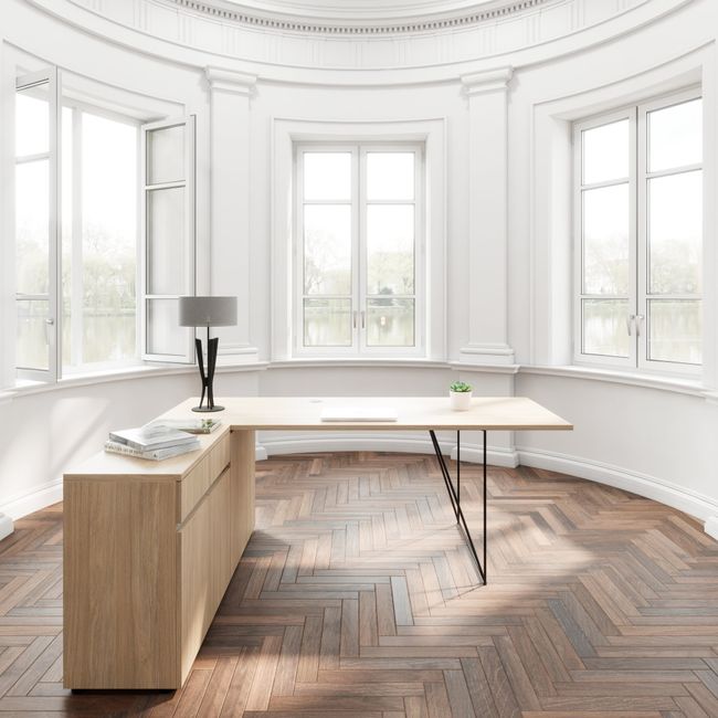 AIR Schreibtisch | 1600 - 2000 mm, elektrifiziert, integriertes Sideboard, Bernsteineiche AIR Schreibtisch | 1600 - 2000 mm, elektrifiziert, integriertes Sideboard, Bernsteineiche