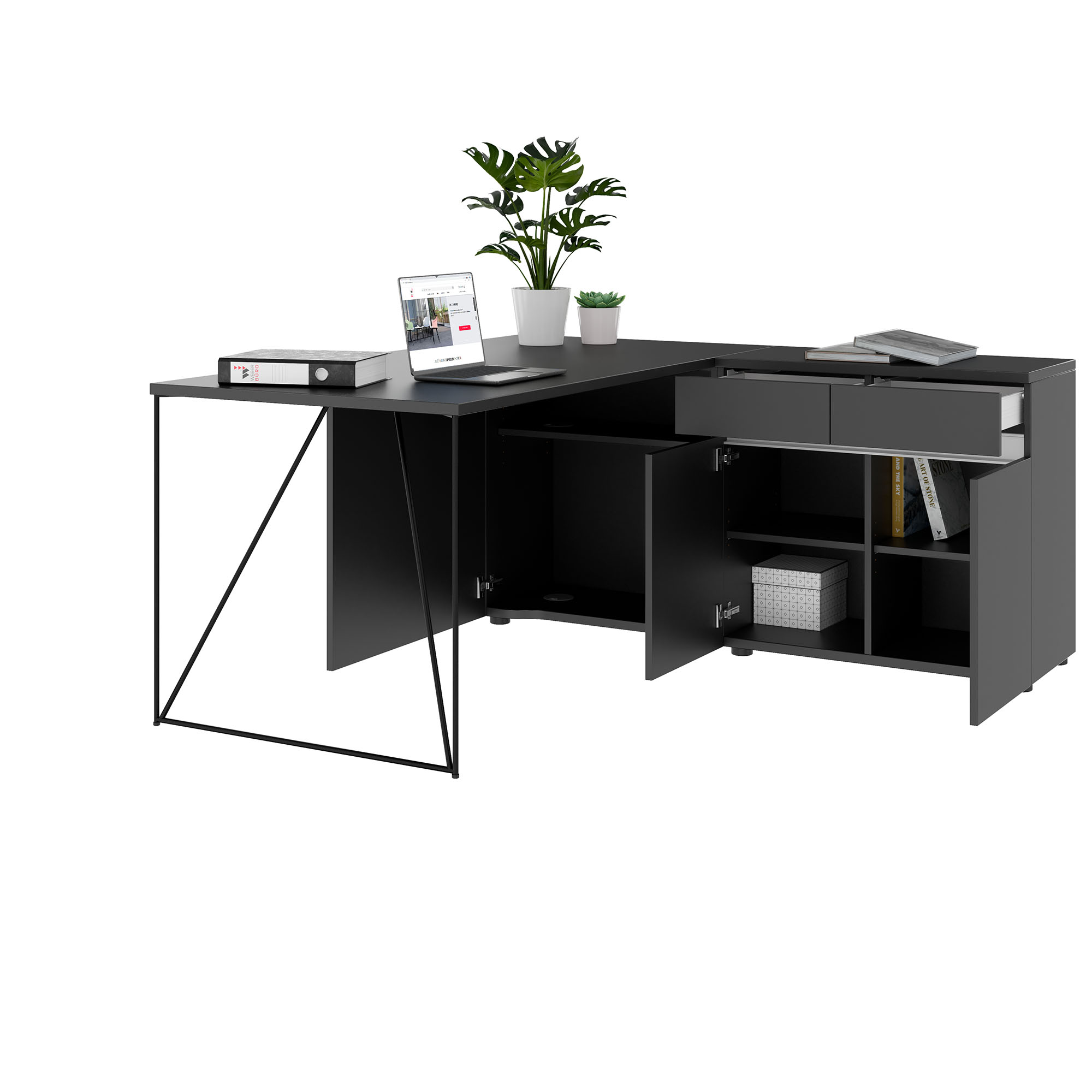 AIR desk | 1600 - 2000 mm, electrified, integrated sideboard, anthracite - 3 Main Image