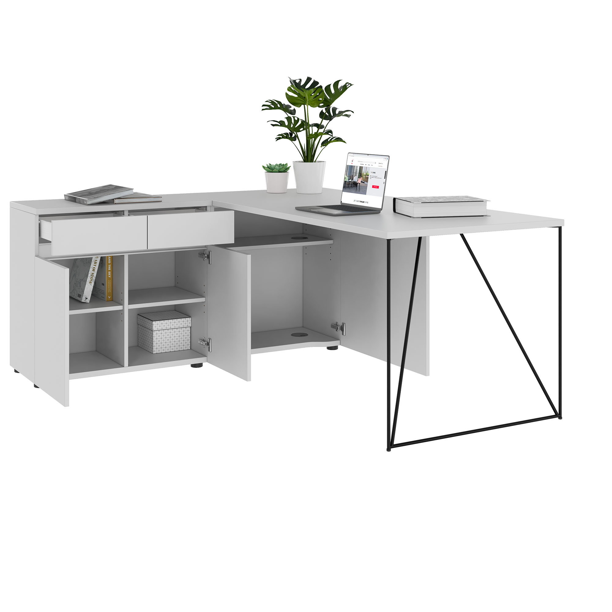 AIR desk | 1600 - 2000 mm, electrified, integrated sideboard, pearl gray - 3 Main Image