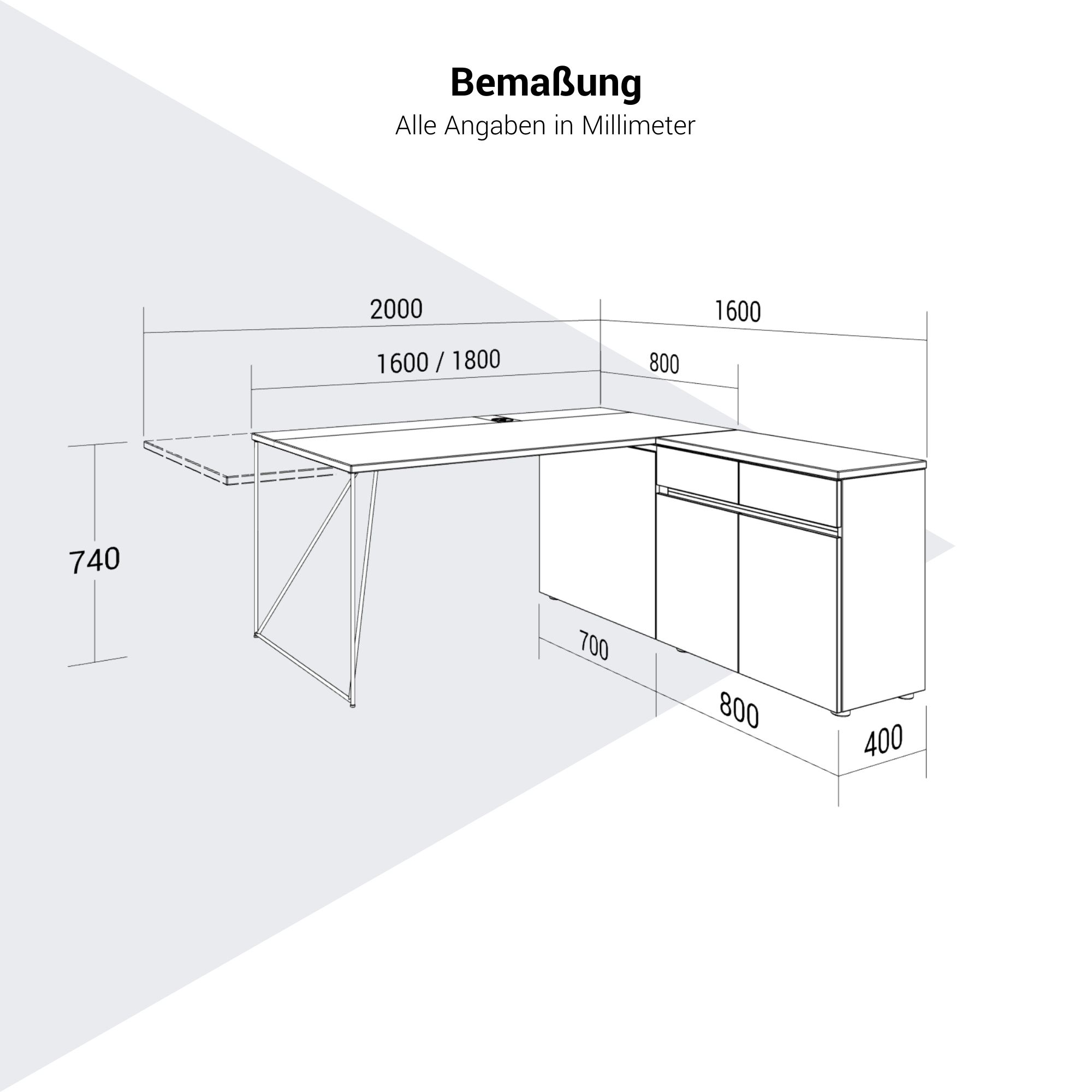 AIR desk | 1600 - 2000 mm, electrified, integrated sideboard, pearl gray - 12 Main Image