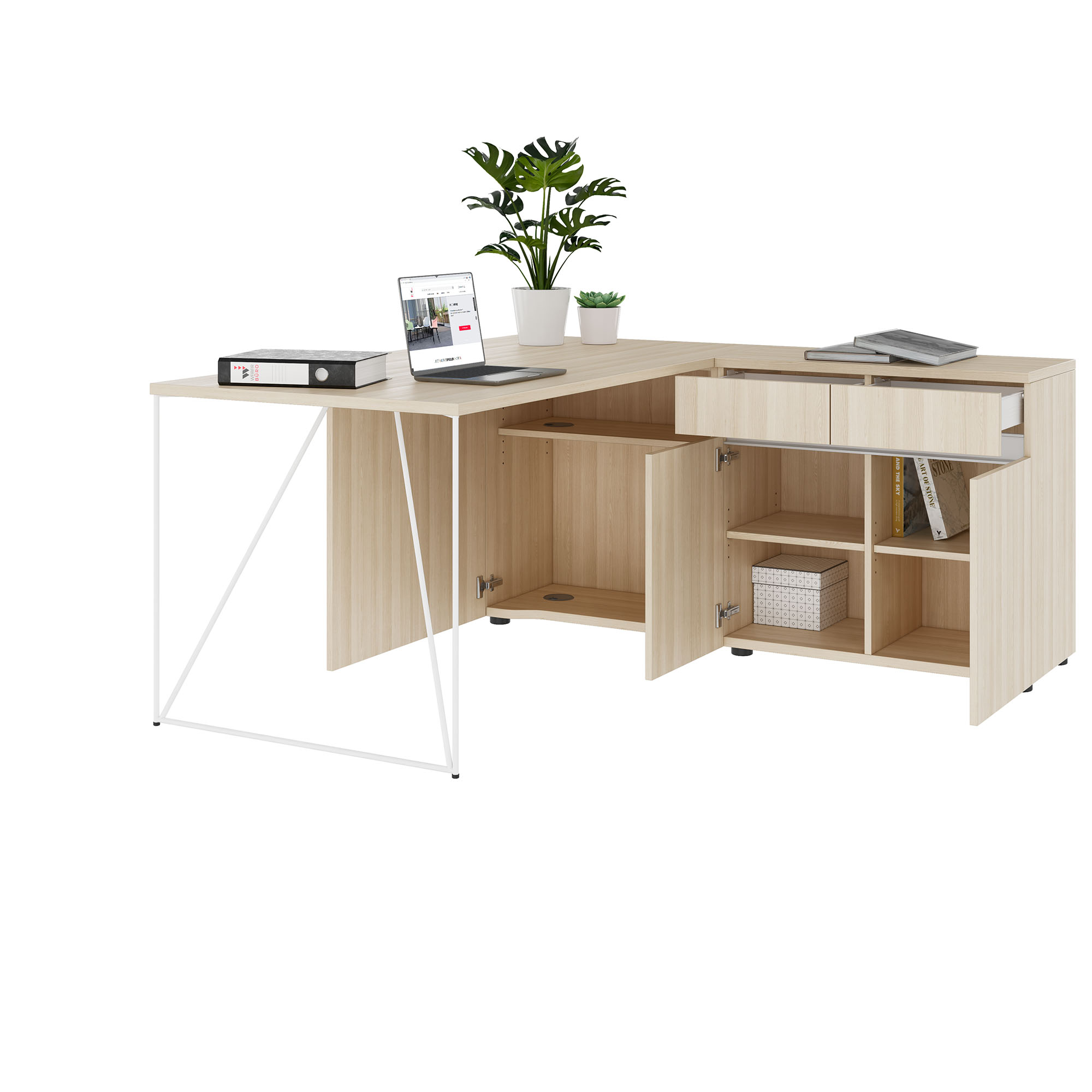 AIR desk | 1600 - 2000 mm, electrified, integrated sideboard, sand ash - 3 Main Image
