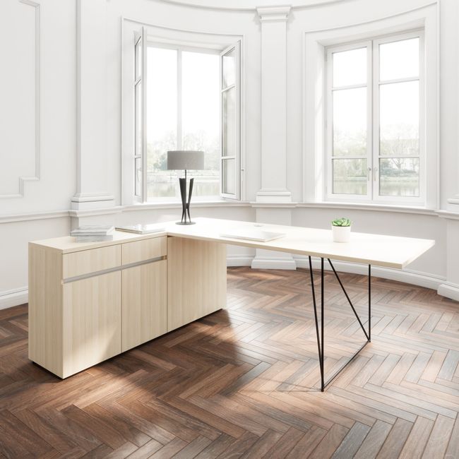 Schreibtisch AIR | 160 - 200 cm, elektrifiziert, integriertes Sideboard, Sandesche