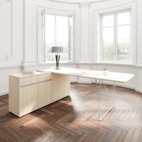 AIR Schreibtisch | 1600 - 2000 mm, elektrifiziert, integriertes Sideboard, Sandesche