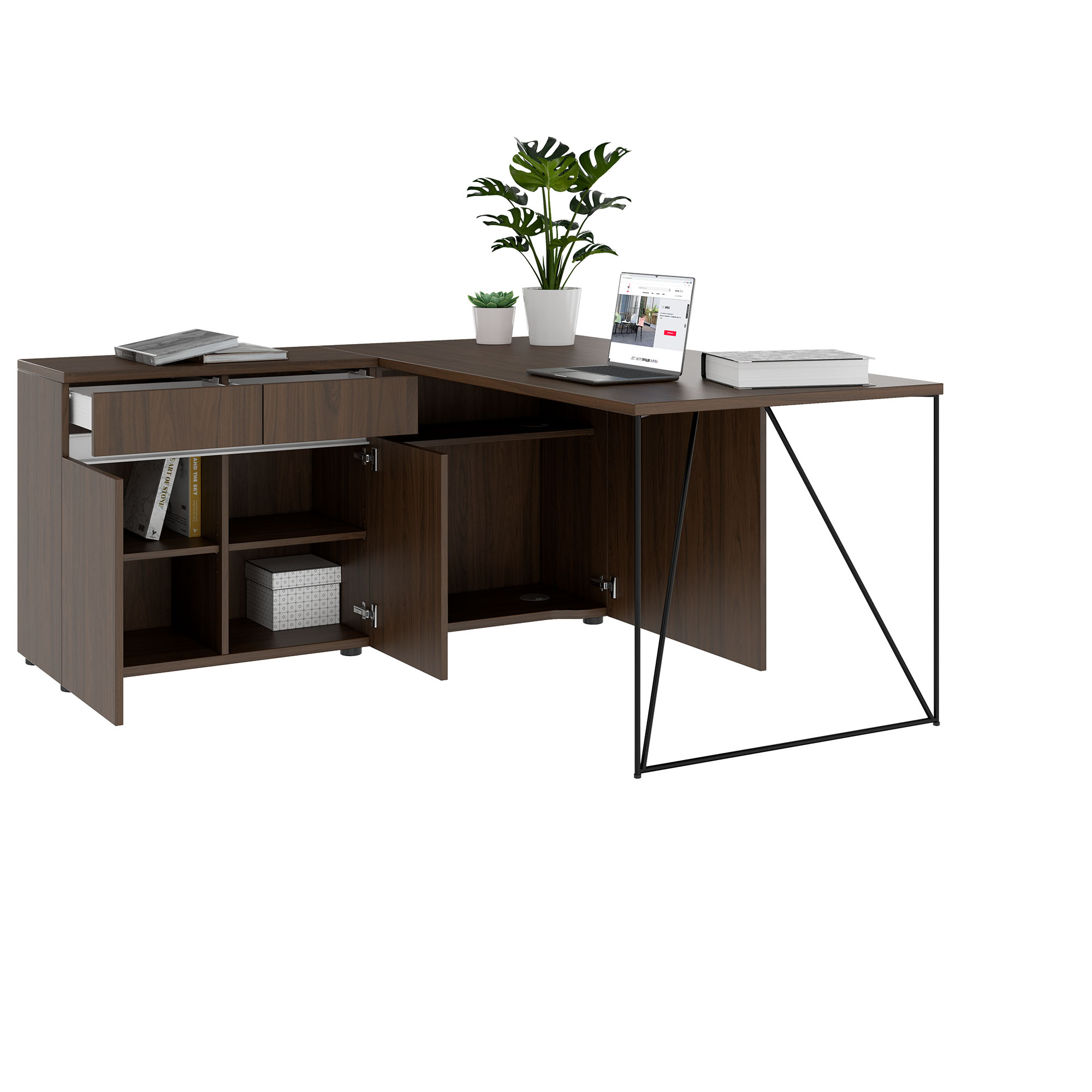 AIR desk | 1600 - 2000 mm, electrified, integrated sideboard, walnut - 3 Main Image