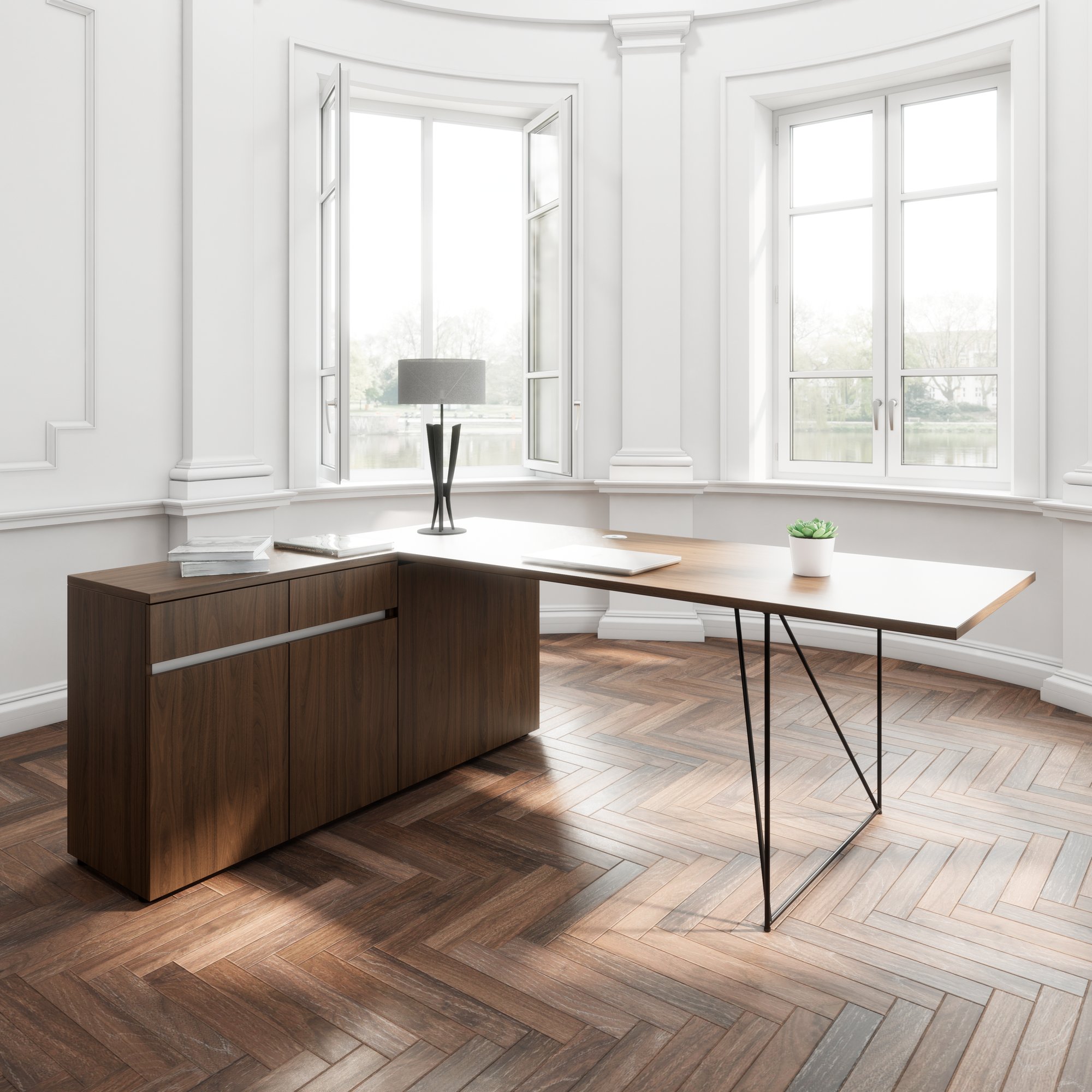 AIR Bureau | 1600 - 2000 mm, buffet électrifié et intégré, noyer - 1 Main Image