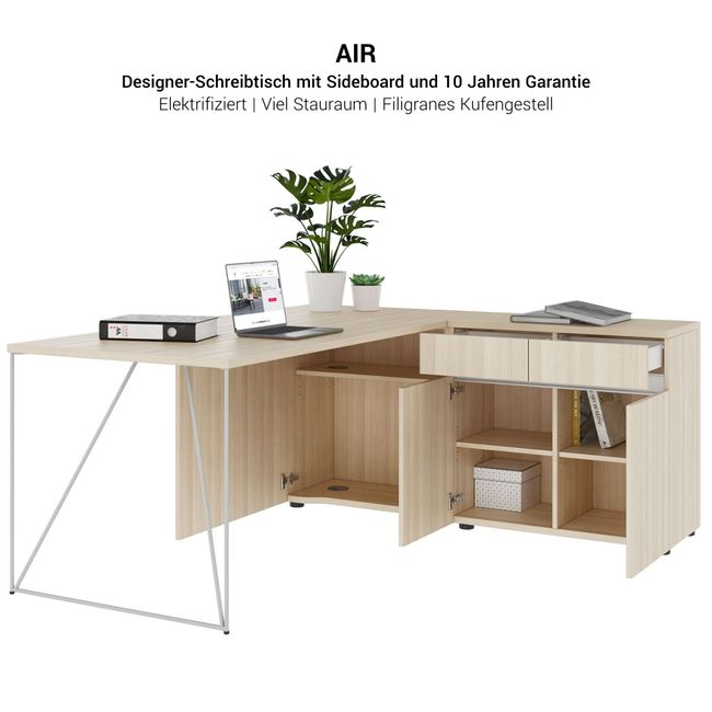 AIR Schreibtisch | 1600 - 2000 mm, elektrifiziert, integriertes Sideboard, Nussbaum