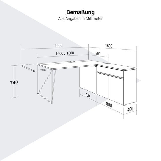 AIR Schreibtisch | 1600 - 2000 mm, elektrifiziert, integriertes Sideboard, Nordeiche grau