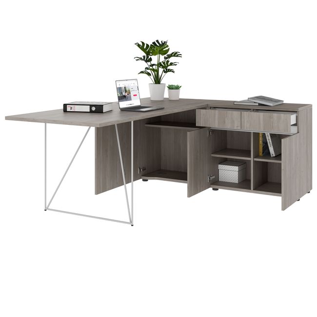 AIR Schreibtisch | 1600 - 2000 mm, elektrifiziert, integriertes Sideboard, Nordeiche grau
