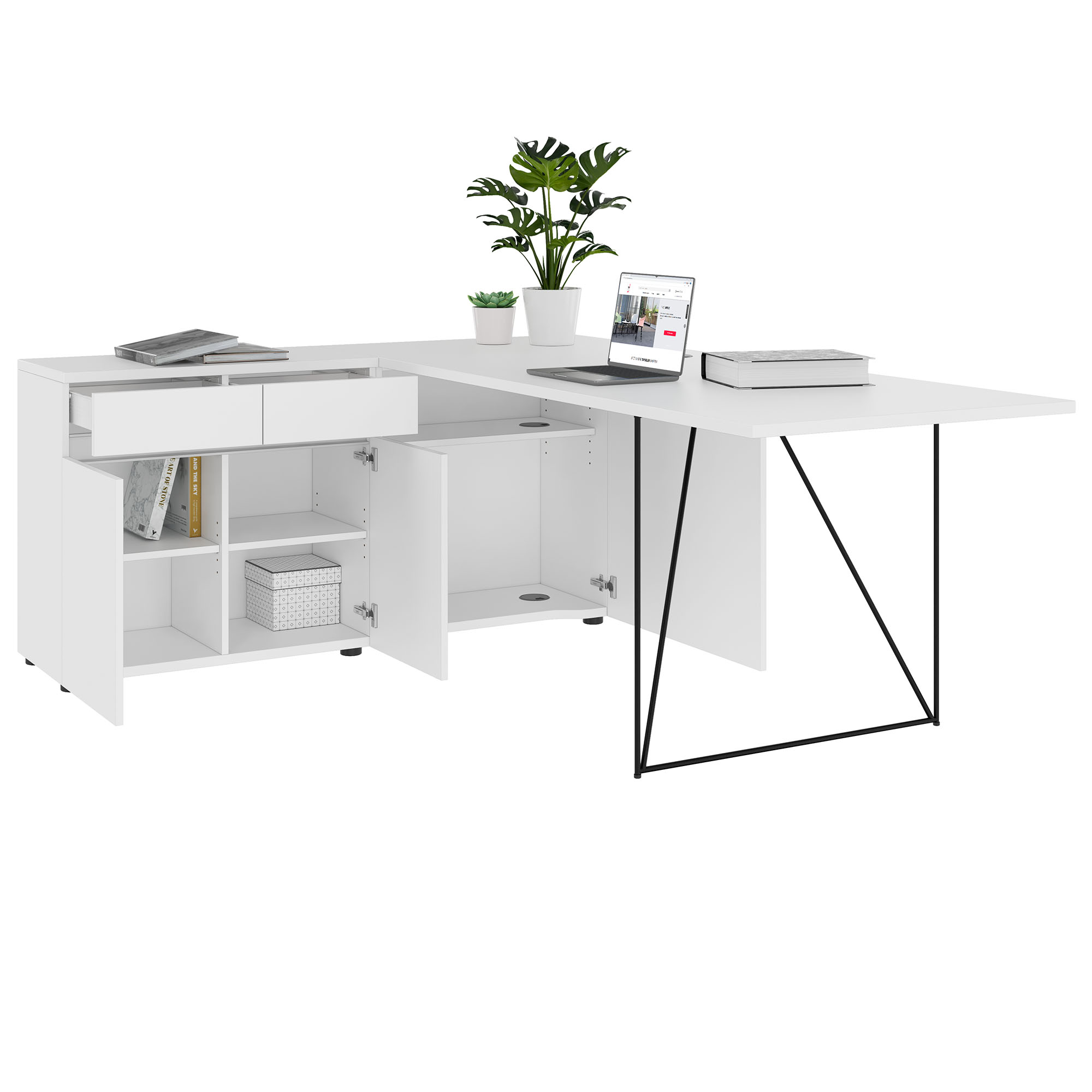 AIR desk | 1600 - 2000 mm, electrified, integrated sideboard, white - 3 Main Image