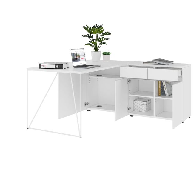 AIR Schreibtisch | 1600 - 2000 mm, elektrifiziert, integriertes Sideboard, Weiß - 3 Main Image