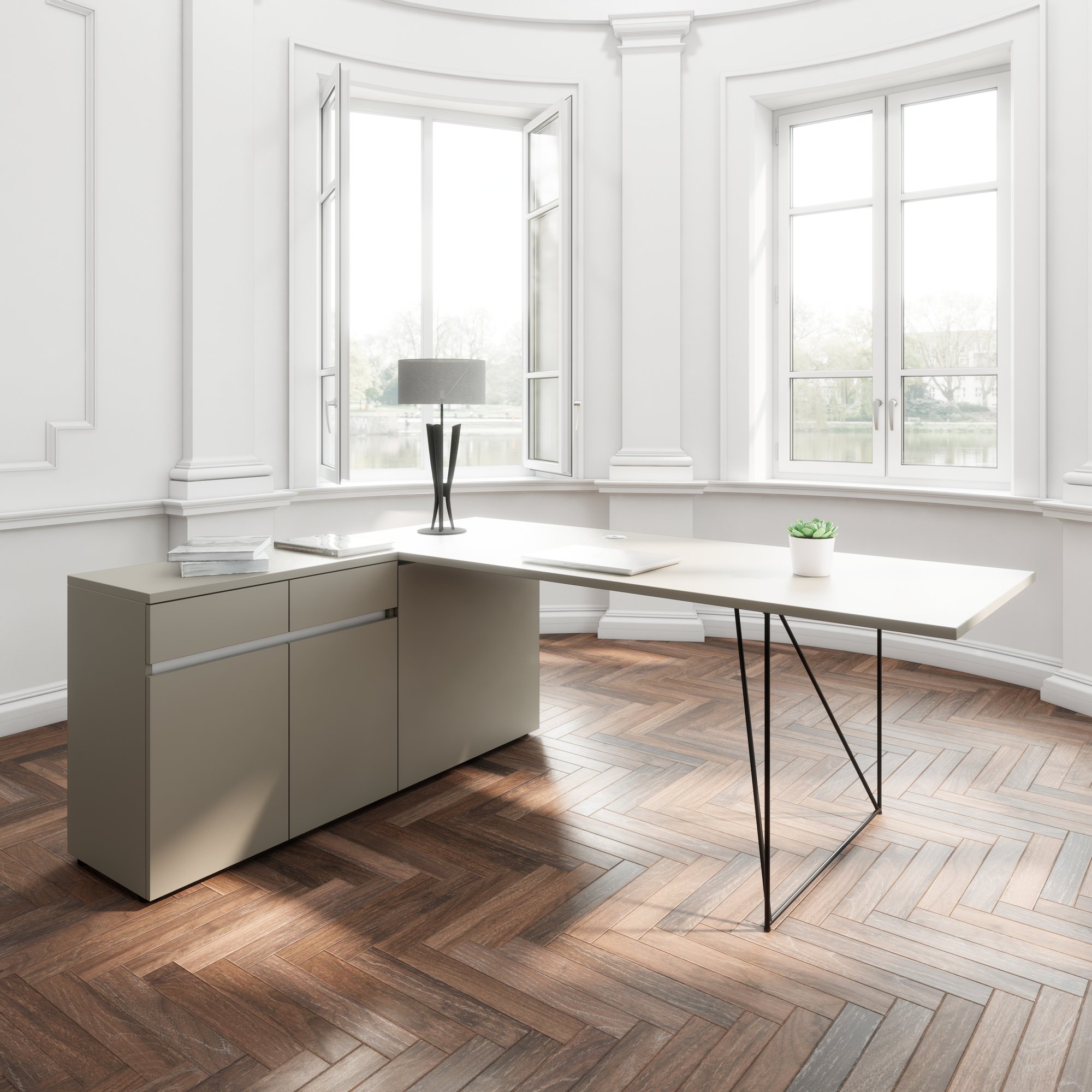 AIR Schreibtisch | 1600 - 2000 mm, elektrifiziert, integriertes Sideboard, Cubanitgrau - 1 Main Image