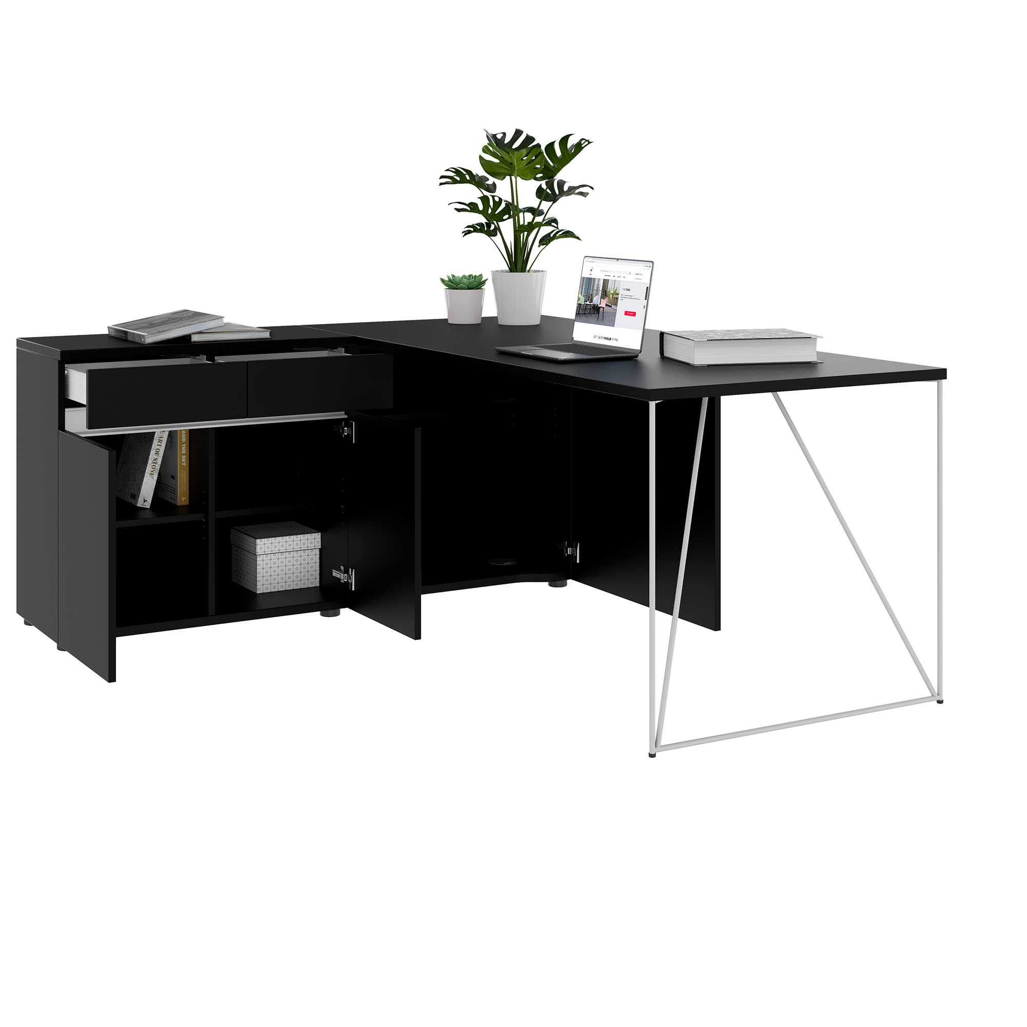 AIR desk | 1600 - 2000 mm, electrified, integrated sideboard, black - 3 Main Image