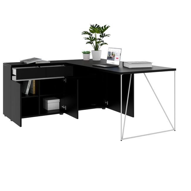 AIR Schreibtisch | 1600 - 2000 mm, elektrifiziert, integriertes Sideboard, Schwarz - 3 Main Image