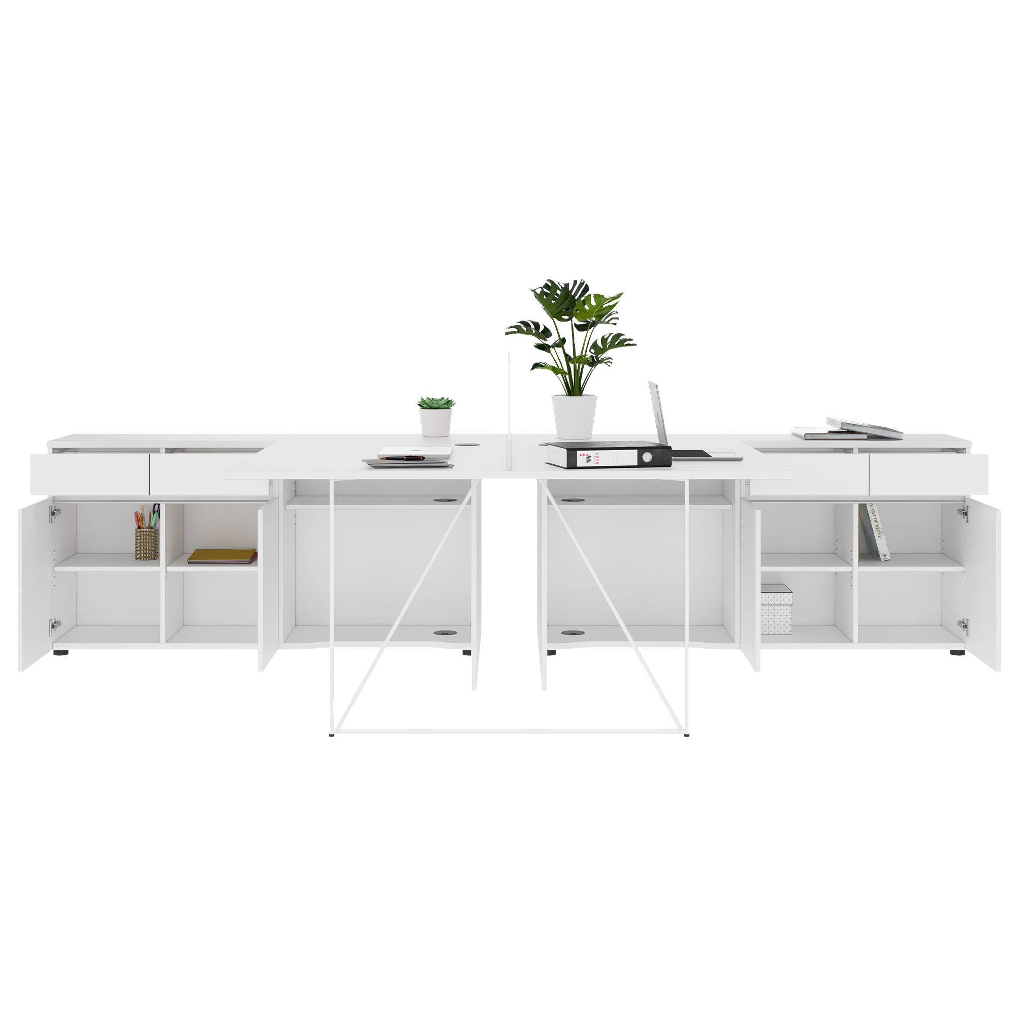 AIR DUO Desk del team con sideboard | 1600 - 2000 x 3200 mm, elettrificato, bianco - 3 Main Image