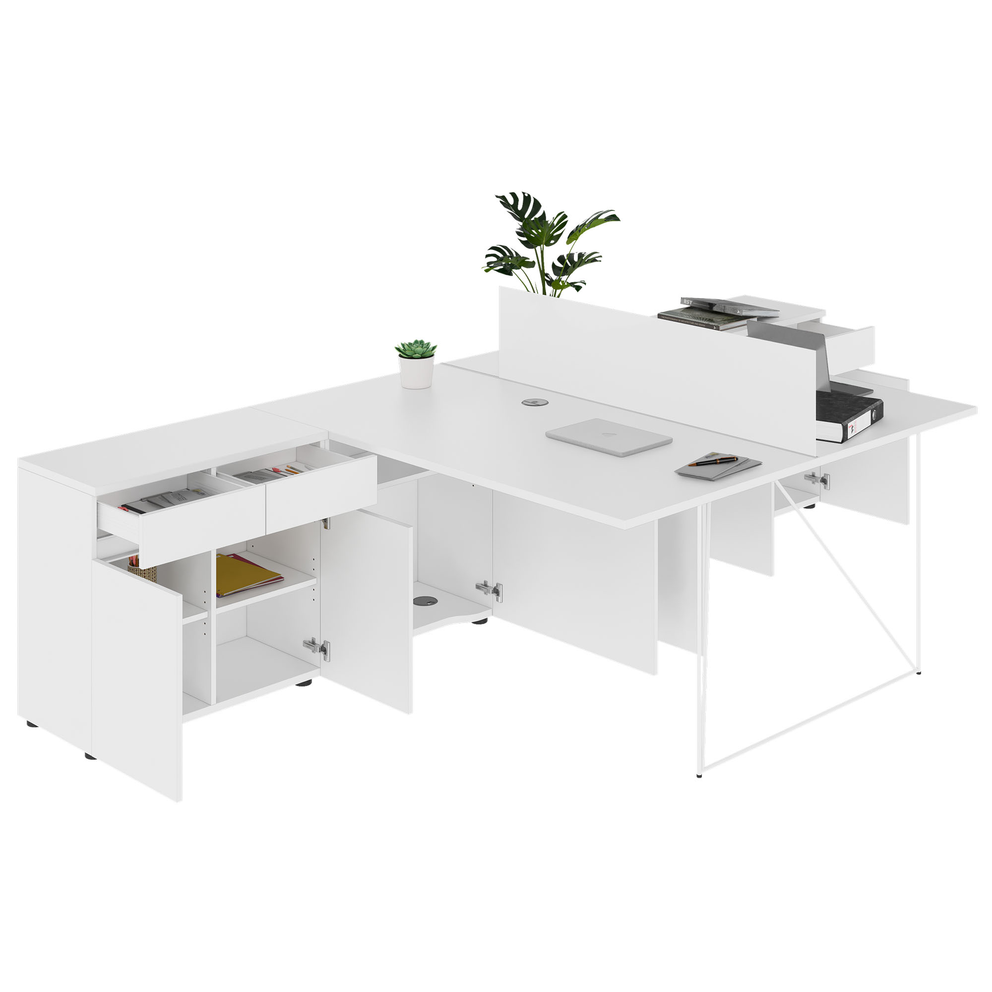AIR DUO Desk del team con sideboard | 1600 - 2000 x 3200 mm, elettrificato, bianco - 4 Main Image