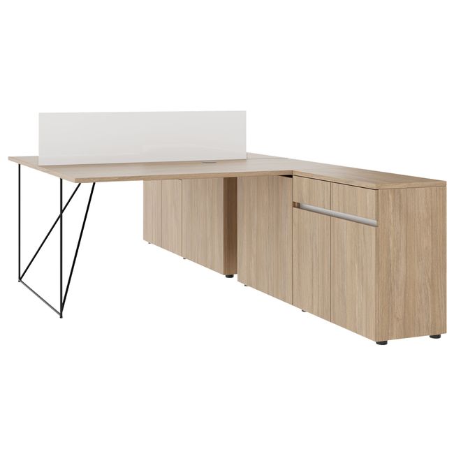 AIR DUO Team-Schreibtisch mit Sideboards | 1600 - 2000 x 3200 mm, elektrifiziert, Bernsteineiche