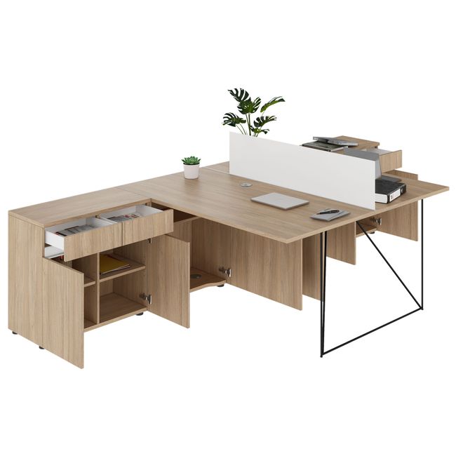 AIR DUO Team-Schreibtisch mit Sideboards | 1600 - 2000 x 3200 mm, elektrifiziert, Bernsteineiche