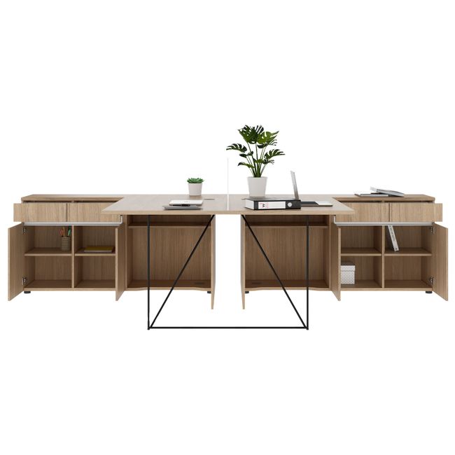 AIR DUO Team-Schreibtisch mit Sideboards | 1600 - 2000 x 3200 mm, elektrifiziert, Bernsteineiche
