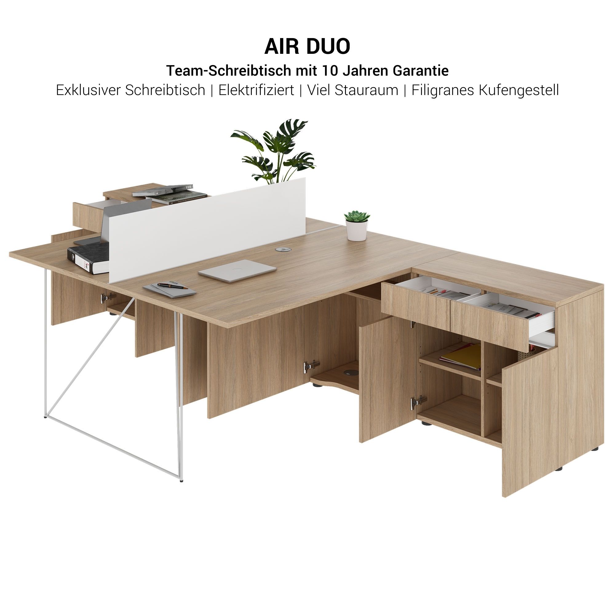 AIR DUO Team-Schreibtisch mit Sideboards | 1600 - 2000 x 3200 mm, elektrifiziert, Anthrazit - 7 Main Image