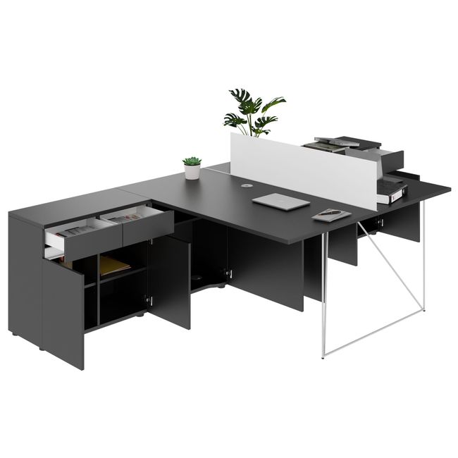 AIR DUO Team-Schreibtisch mit Sideboards | 1600 - 2000 x 3200 mm, elektrifiziert, Anthrazit - 4 Main Image