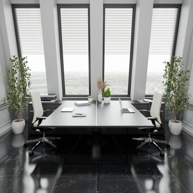 AIR DUO Team-Schreibtisch mit Sideboards | 1600 - 2000 x 3200 mm, elektrifiziert, Anthrazit AIR DUO Team-Schreibtisch mit Sideboards | 1600 - 2000 x 3200 mm, elektrifiziert, Anthrazit