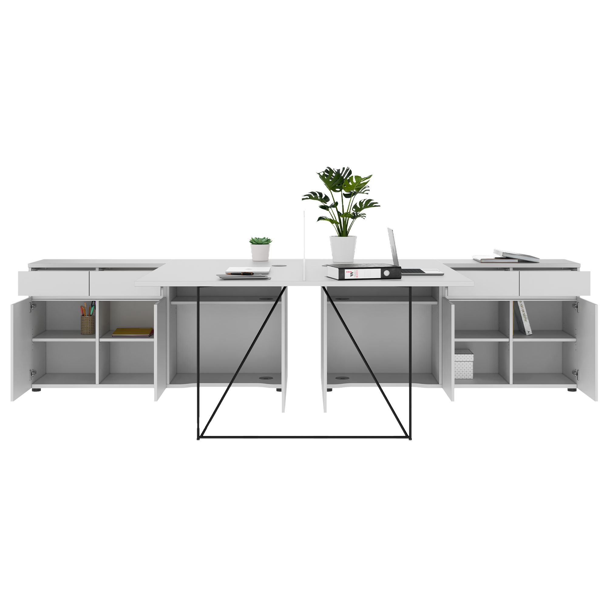 AIR DUO Desk del team con sideboard | 1600 - 2000 x 3200 mm, elettrificato, grigio perla - 3 Main Image
