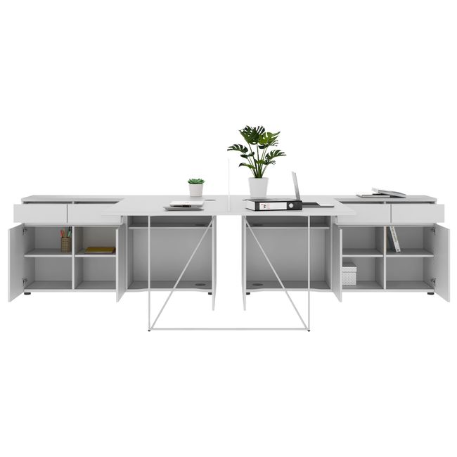 AIR DUO Team-Schreibtisch mit Sideboards | 1600 - 2000 x 3200 mm, elektrifiziert, Perlgrau