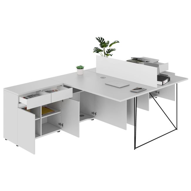 AIR DUO Team-Schreibtisch mit Sideboards | 1600 - 2000 x 3200 mm, elektrifiziert, Perlgrau - 4 Main Image