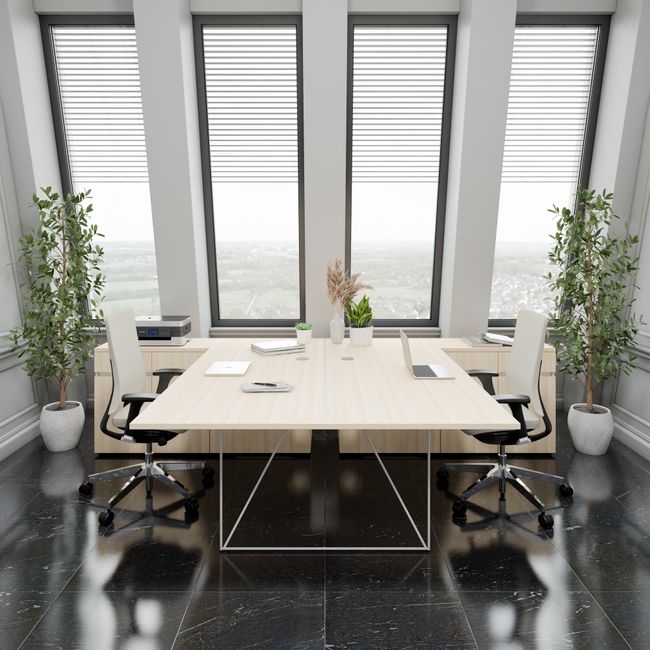 AIR DUO Team-Schreibtisch mit Sideboards | 1600 - 2000 x 3200 mm, elektrifiziert, Sandesche