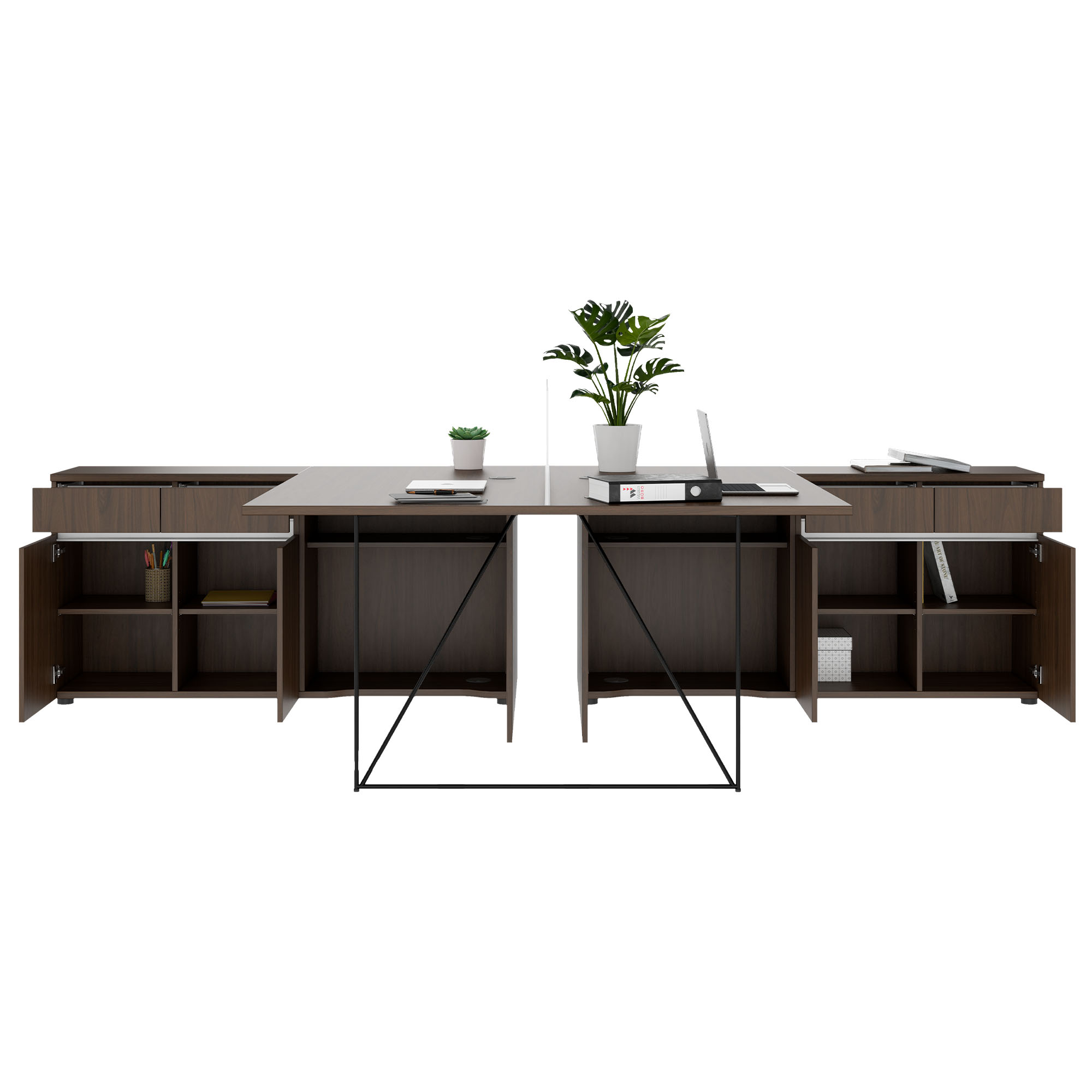 AIR DUO Desk del team con sideboard | 1600 - 2000 x 3200 mm, elettrificato, noce - 3 Main Image