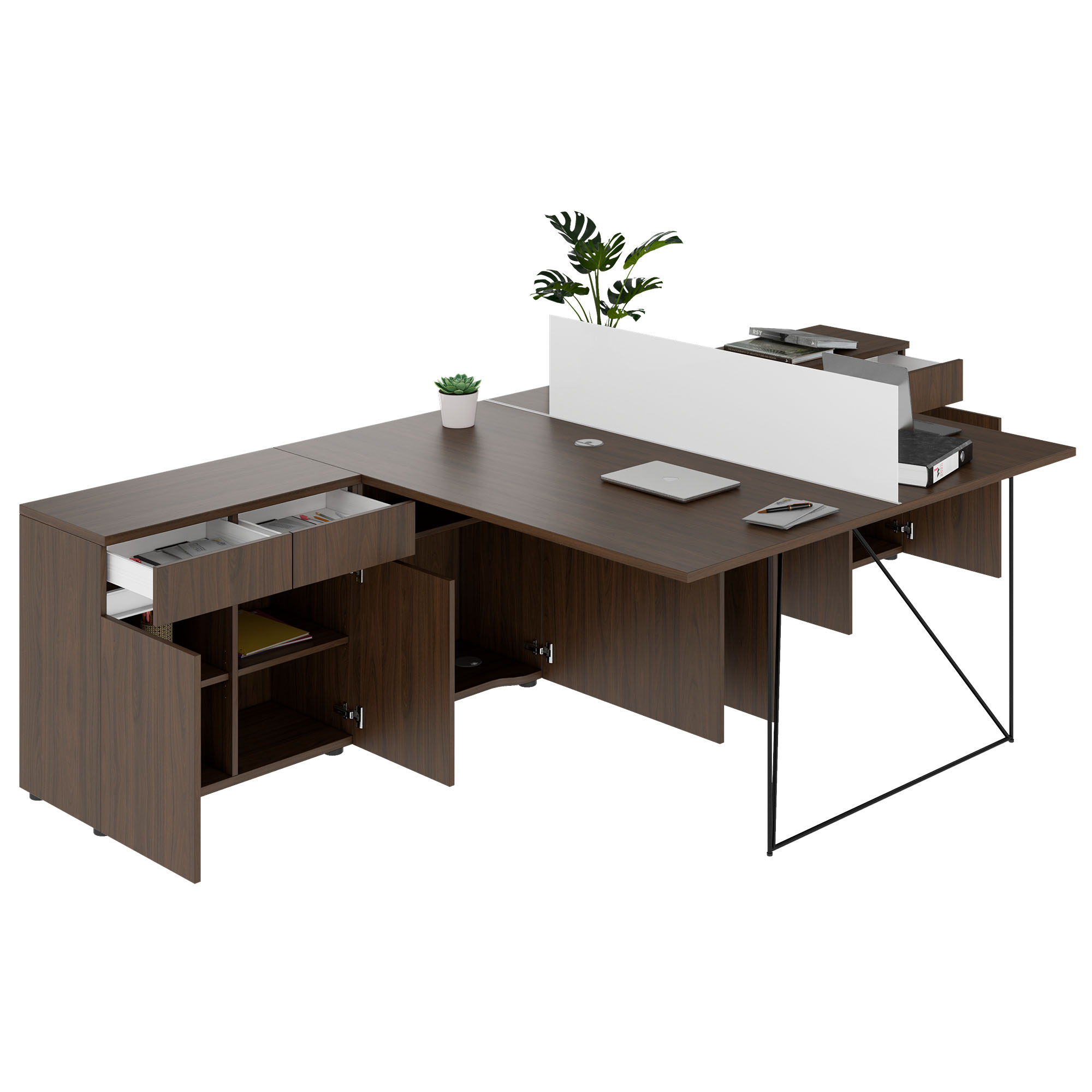 AIR DUO Desk del team con sideboard | 1600 - 2000 x 3200 mm, elettrificato, noce - 4 Main Image