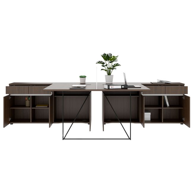 AIR DUO Team-Schreibtisch mit Sideboards | 1600 - 2000 x 3200 mm, elektrifiziert, Nussbaum