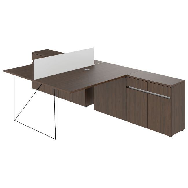 AIR DUO Team-Schreibtisch mit Sideboards | 1600 - 2000 x 3200 mm, elektrifiziert, Nussbaum