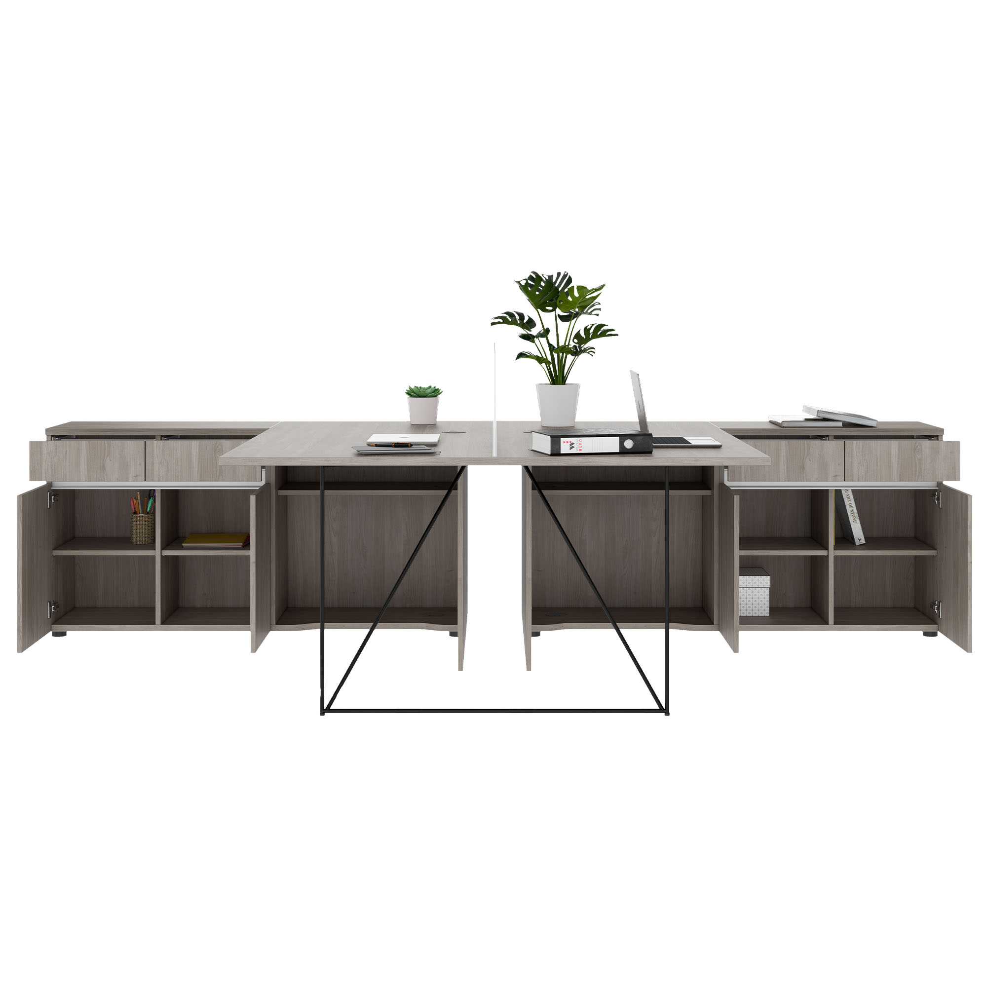 AIR DUO Desk del team con sideboard | 1600 - 2000 x 3200 mm, elettrificato, grigio di quercia nordica - 3 Main Image