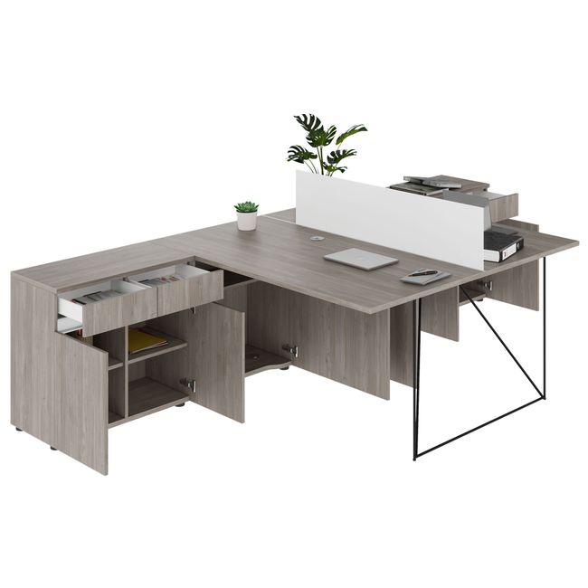 AIR DUO Team-Schreibtisch mit Sideboards | 1600 - 2000 x 3200 mm, elektrifiziert, Nordeiche grau - 4 Main Image
