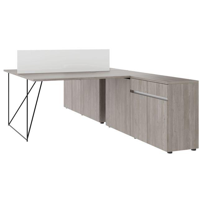 AIR DUO Team-Schreibtisch mit Sideboards | 1600 - 2000 x 3200 mm, elektrifiziert, Nordeiche grau - 1 Main Image