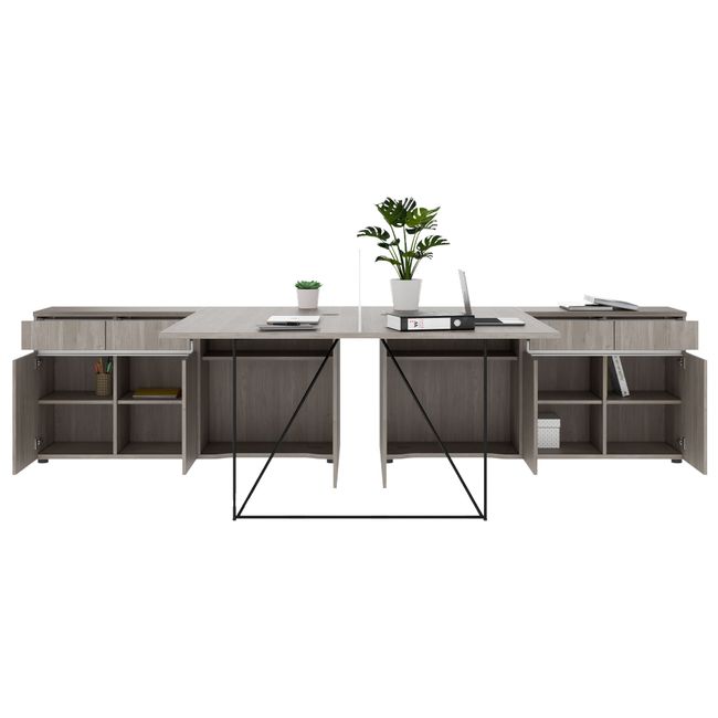 AIR DUO Team-Schreibtisch mit Sideboards | 1600 - 2000 x 3200 mm, elektrifiziert, Nordeiche grau - 3 Main Image