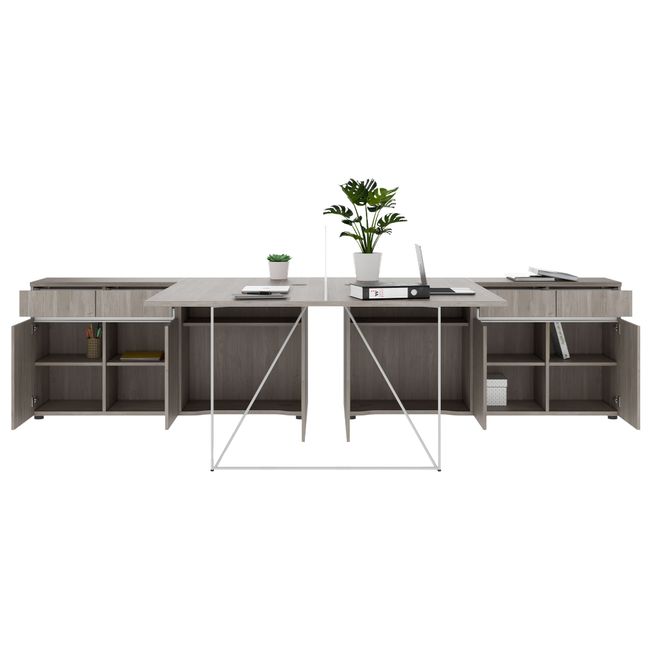 AIR DUO Team-Schreibtisch mit Sideboards | 1600 - 2000 x 3200 mm, elektrifiziert, Nordeiche grau