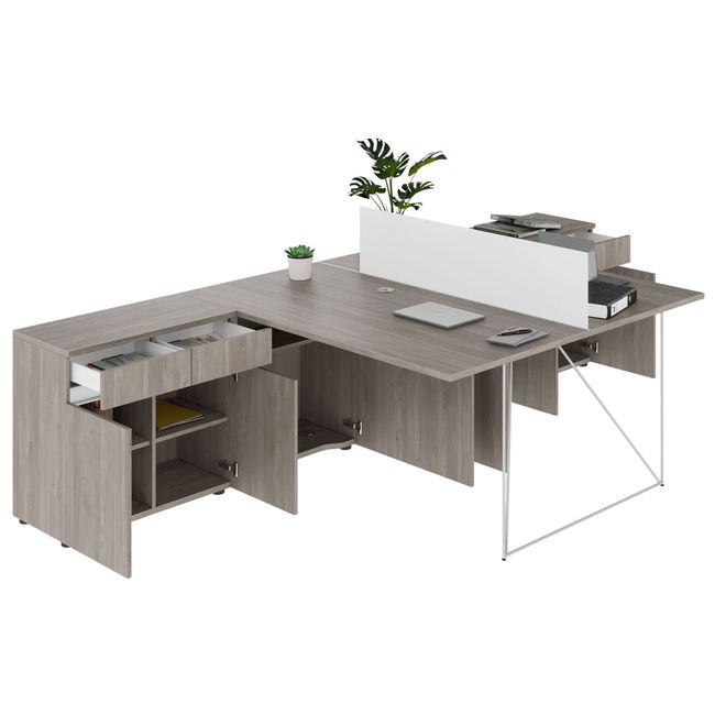 AIR DUO Team-Schreibtisch mit Sideboards | 1600 - 2000 x 3200 mm, elektrifiziert, Nordeiche grau