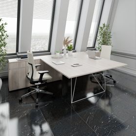 AIR DUO Team-Schreibtisch mit Sideboards | 1600 - 2000 x 3200 mm, elektrifiziert, Nordeiche grau