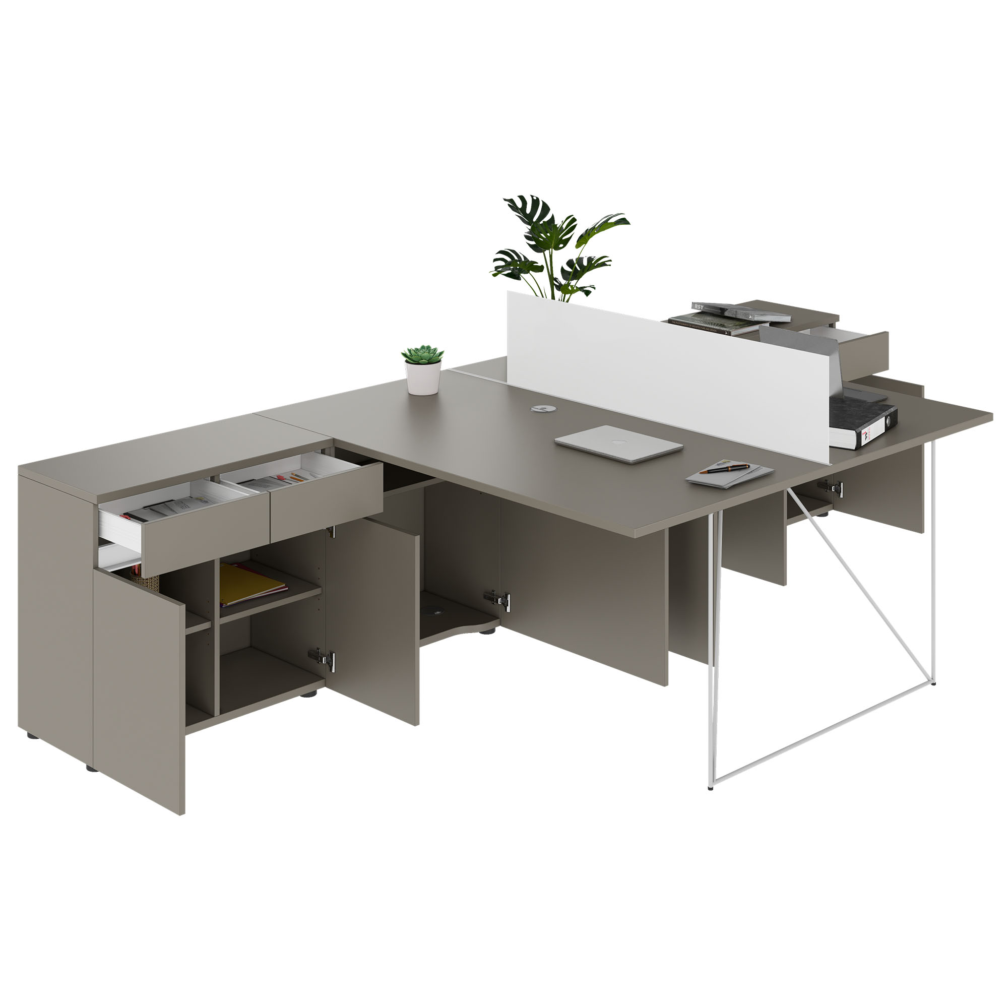 AIR DUO Desk del team con sideboard | 1600 - 2000 x 3200 mm, grigio elettrificato, cubanite - 4 Main Image