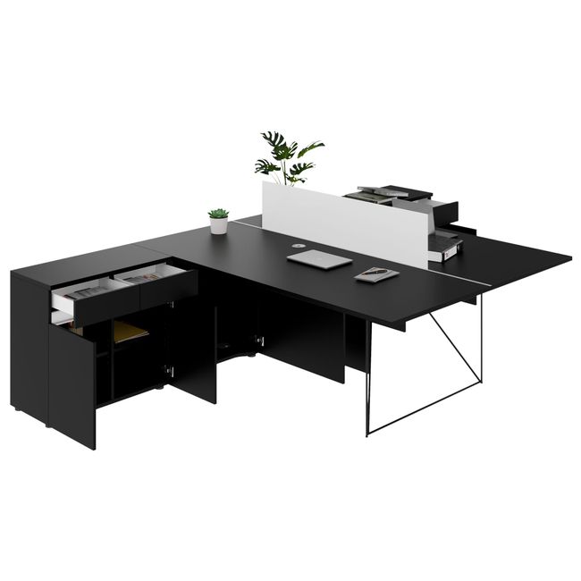 AIR DUO Team-Schreibtisch mit Sideboards | 1600 - 2000 x 3200 mm, elektrifiziert, Schwarz - 4 Main Image