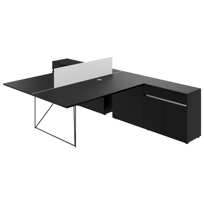 AIR DUO Team-Schreibtisch mit Sideboards | 1600 - 2000 x 3200 mm, elektrifiziert, Schwarz - 2 Main Image