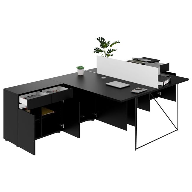 AIR DUO Team-Schreibtisch mit Sideboards | 1600 - 2000 x 3200 mm, elektrifiziert, Schwarz
