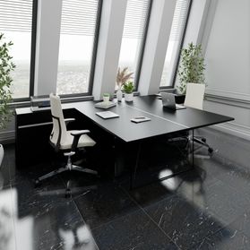 AIR DUO Team-Schreibtisch mit Sideboards | 1600 - 2000 x 3200 mm, elektrifiziert, Schwarz