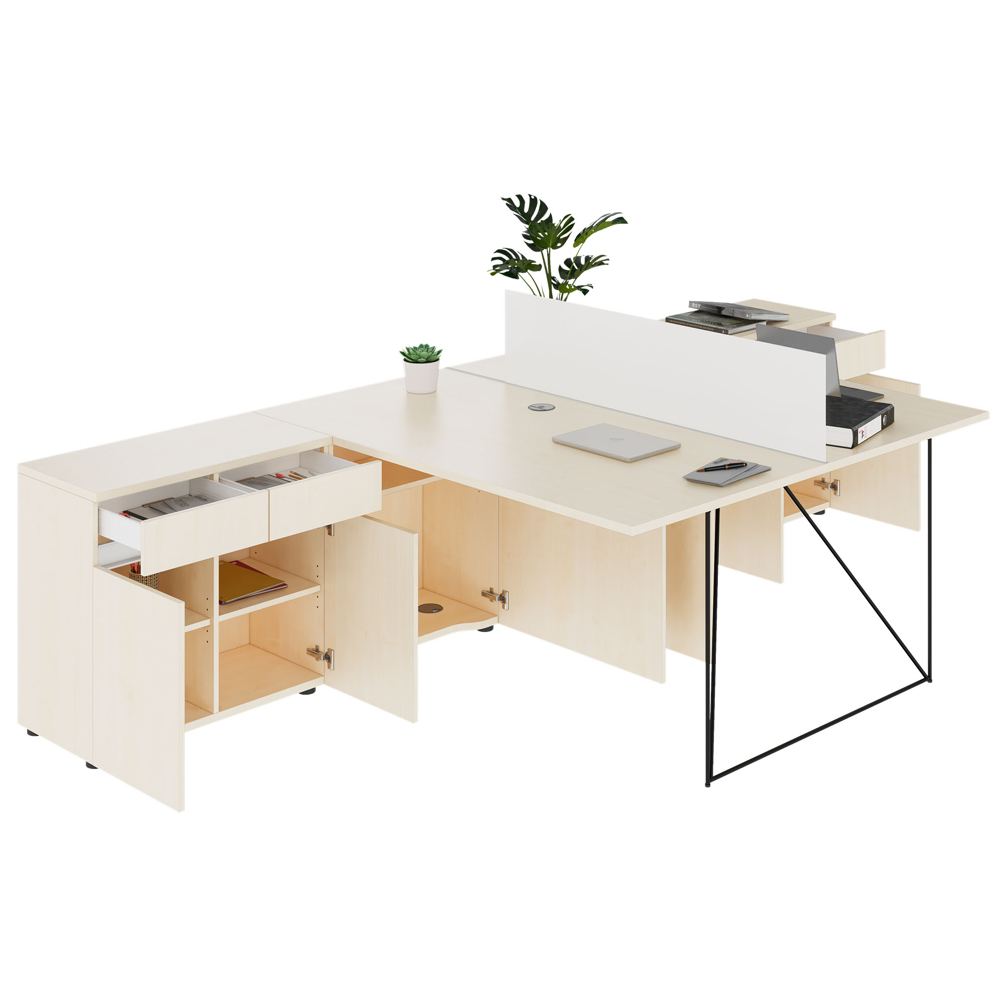 AIR DUO Desk del team con sideboard | 1600 - 2000 x 3200 mm, elettrificato, acero - 4 Main Image