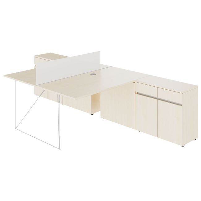 AIR DUO Team-Schreibtisch mit Sideboards | 1600 - 2000 x 3200 mm, elektrifiziert, Ahorn
