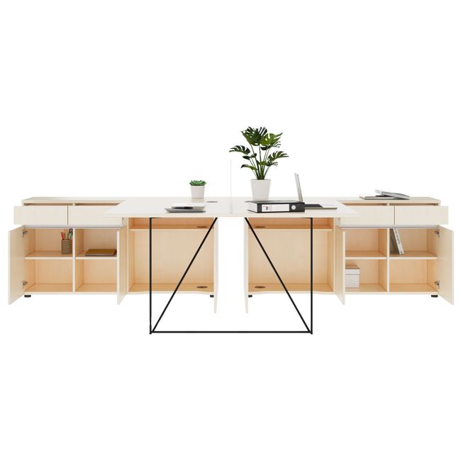 AIR DUO Scrivania per team con sideboard | 1600 - 2000 x 3200 mm, elettrificata, acero  - 3 Main Image